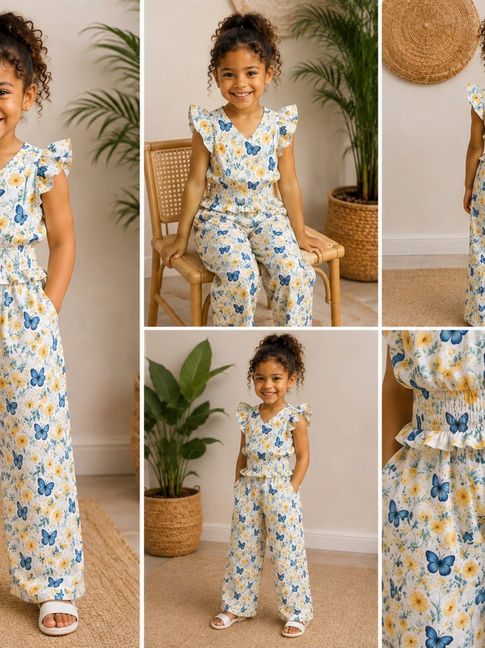 2 Pieces PatPat Blue & Yellow Butterfly Floral Ruffle Jumpsuit